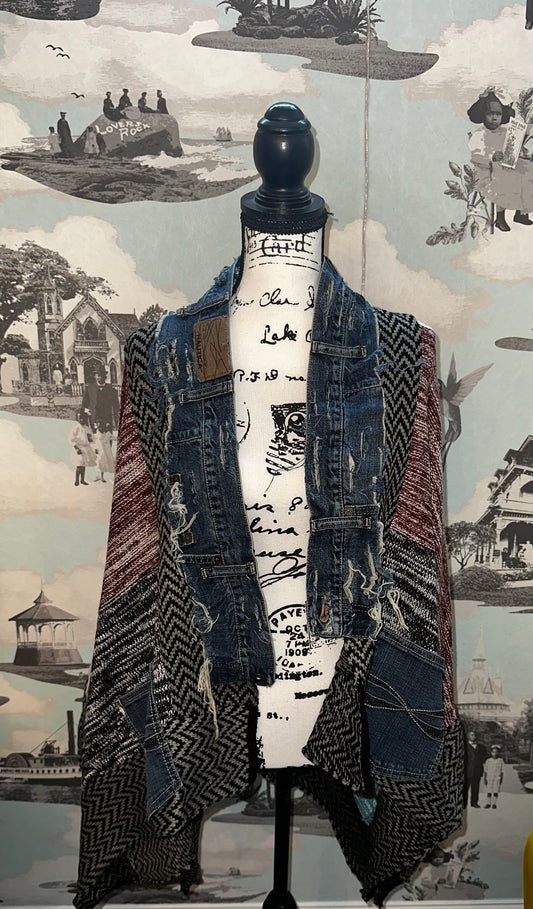 Boho Indigo Faded Burgundy Sweater Kimono