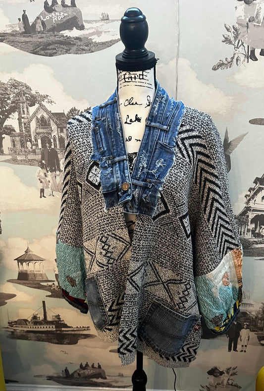 Denim Blue w/ muted teal & warm tan accents Sweater Kimono