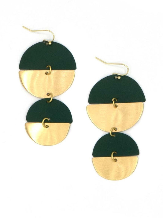 Modern Forest Green Brass Earrings