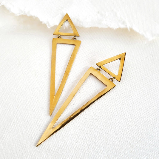 Brass Triangle Long Geometric Earrings