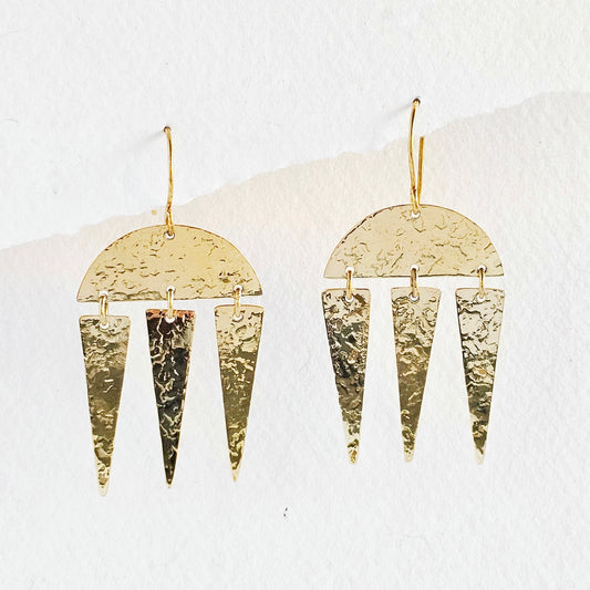 Hammered Geometric Brass Chandelier Fang Earrings