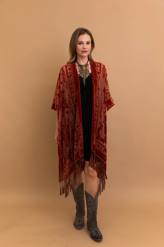 Velvet Mesh Tassled Kimono (Black & Burgandy)
