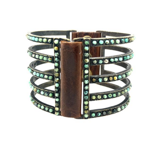 Brass and Brown Leather Turquoise Beaded Cuff