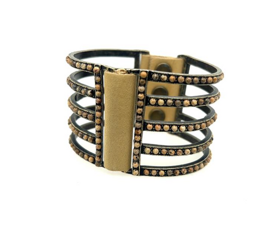 Brass and Tan Leather Cafe Beaded Cuff