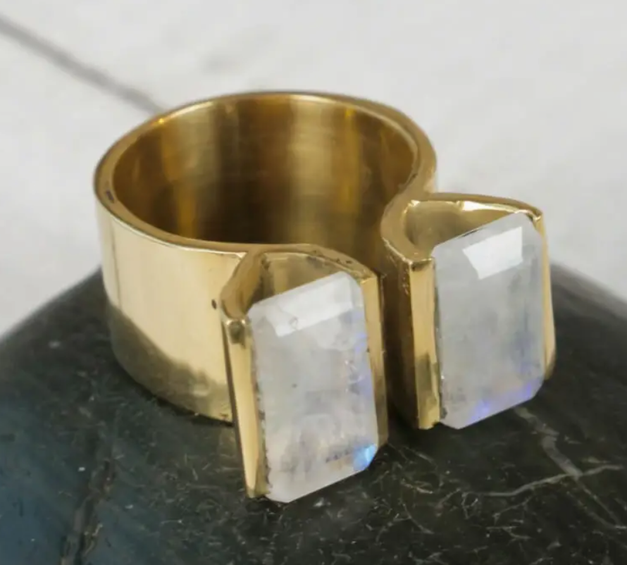 Double Rectangle Cut Brass Ring with Moonstone