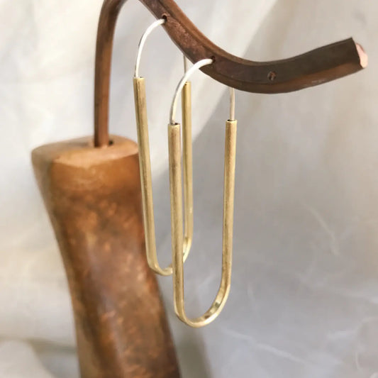 Oblong Handcrafted Brass & Sterling Hoop Earrings