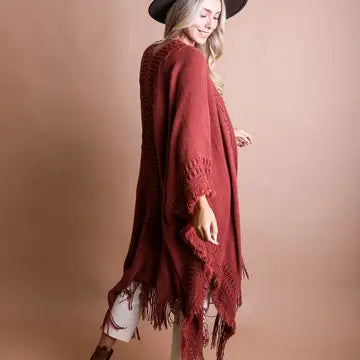 Open Work Bohemian Ruana (Lilac Gray, Cream, Rust)