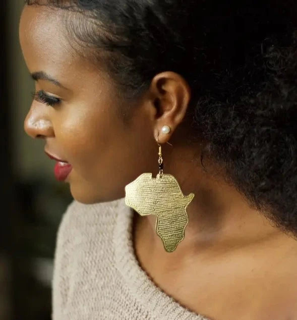 Gold Africa Continent Earrings Brass