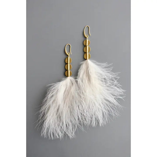 Blush Feather and Brass Disc Earrings