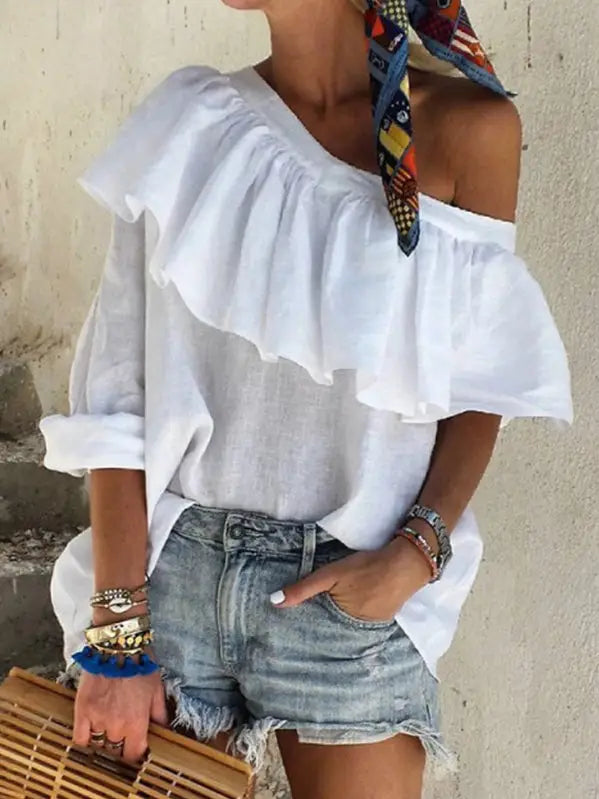 Off-The-Shoulder Fringe Linen Top