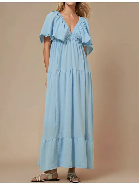 Solid Color V-Neck Backless Maxi Dress