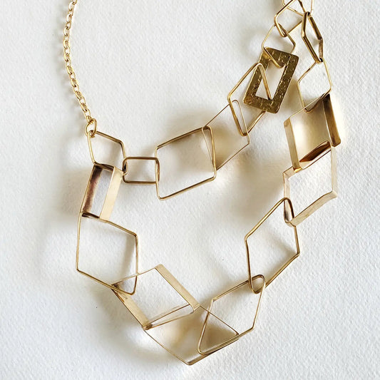 Brass Chain Link Necklace Geometric Abstract Handmade- Diamond