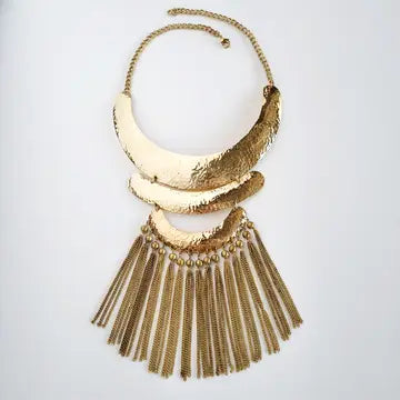 Brass Hammered Tassel Chain Necklace Collar Gold