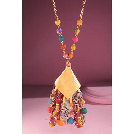 Beaded Chain Link Necklace with Metal Pendant