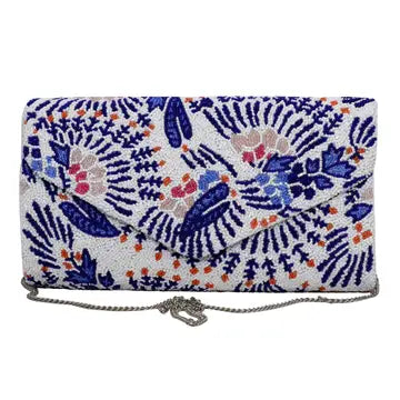 White and Blue Beaded Clutch with Chain