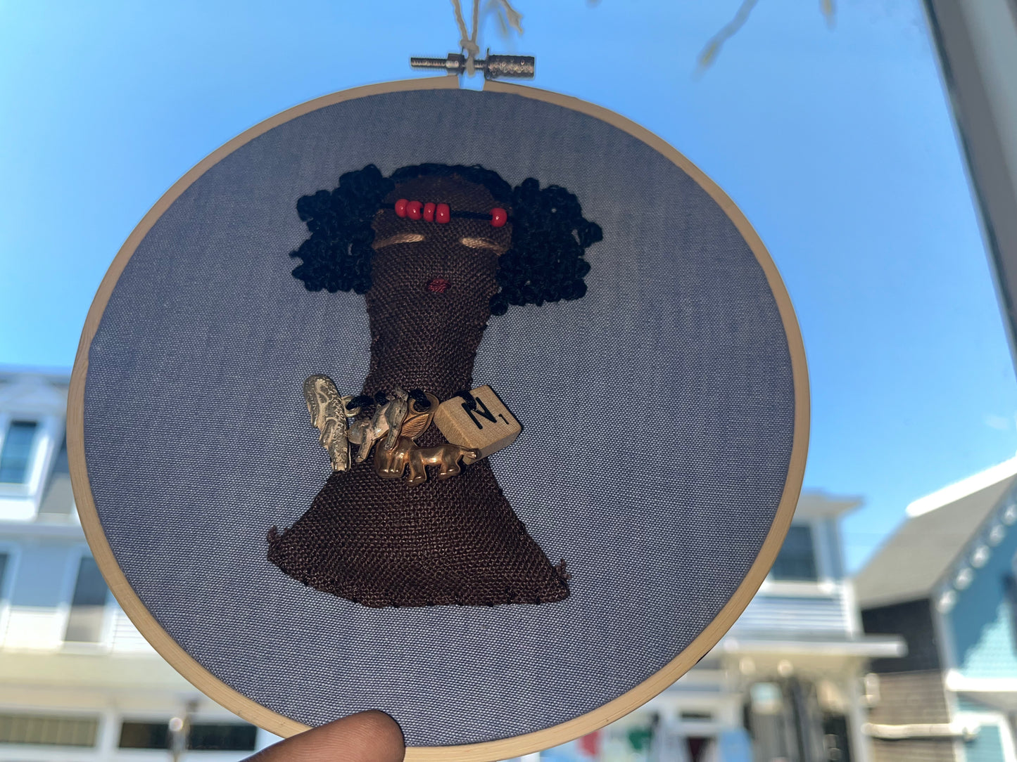 Handstitched Doll Portrait-Pigtails with red bead