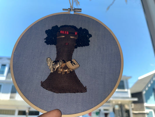 Handstitched Doll Portrait-Pigtails with red bead