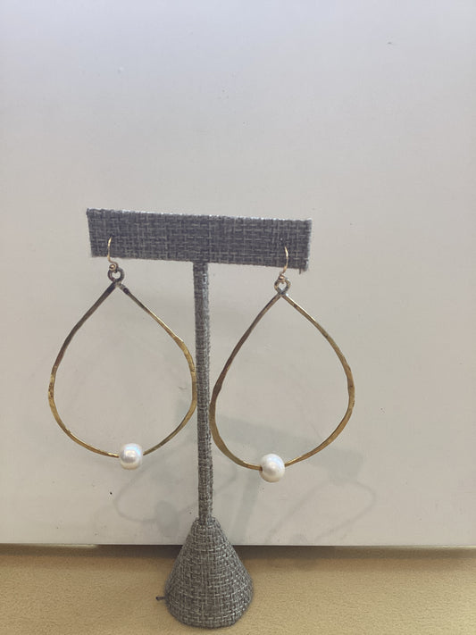 Brass & Pearl Oval Hoop Earrings