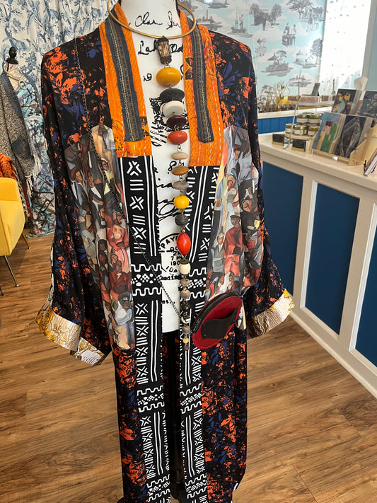 Abstract Impressions Long Kimono Orange & Blue