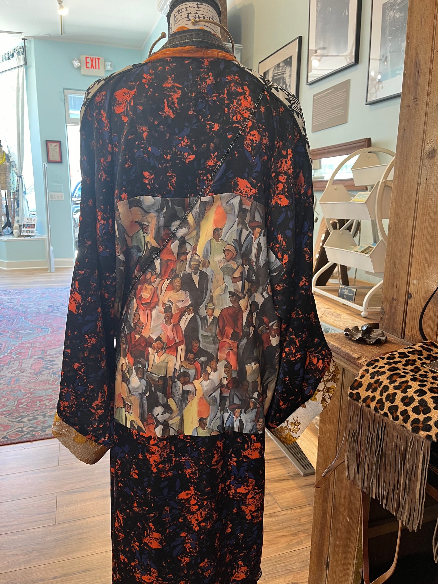 Abstract Impressions Long Kimono Orange & Blue