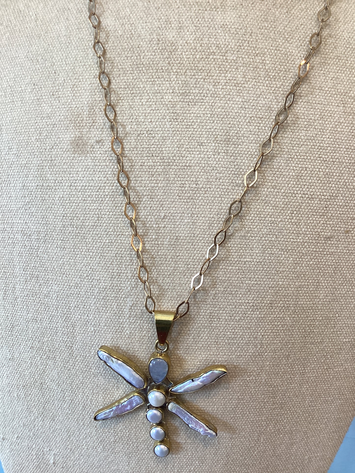 Dragonfly Pearl, Moonstone and Brass Necklace