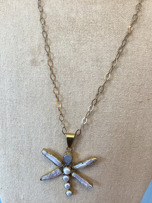 Dragonfly Pearl, Moonstone and Brass Necklace