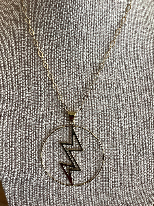 Brass Lightning in Circle Pendant Necklace