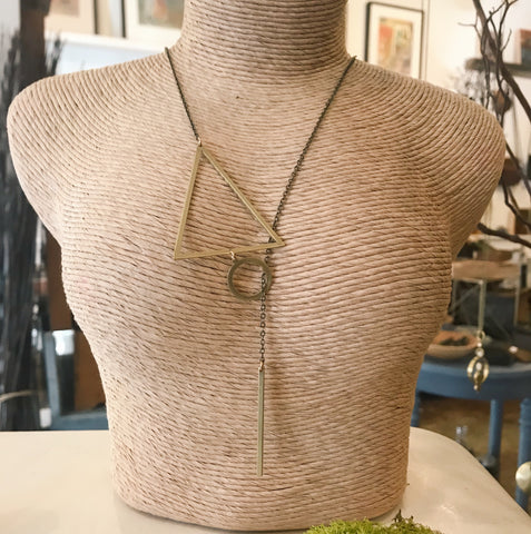 Geometric Triangle Brass Lariat Necklace - Handmade