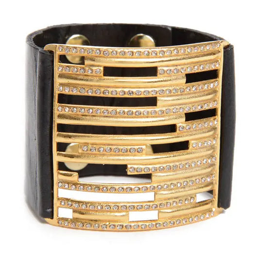 Wide Metal Cr Lined Leather Bracelet in Gold